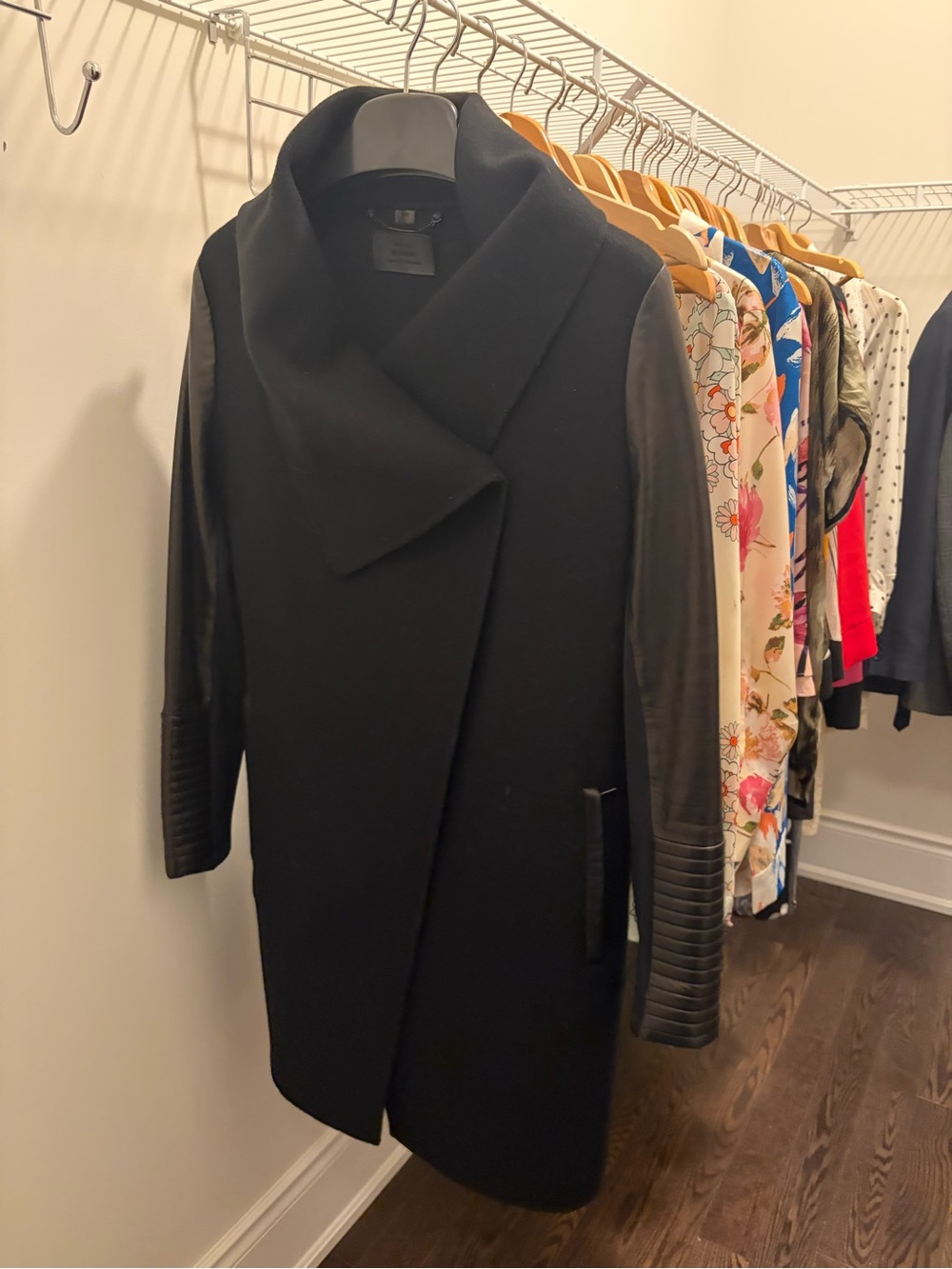 RUDSAK Black Trench Coat with Leather-Textured Sleeves